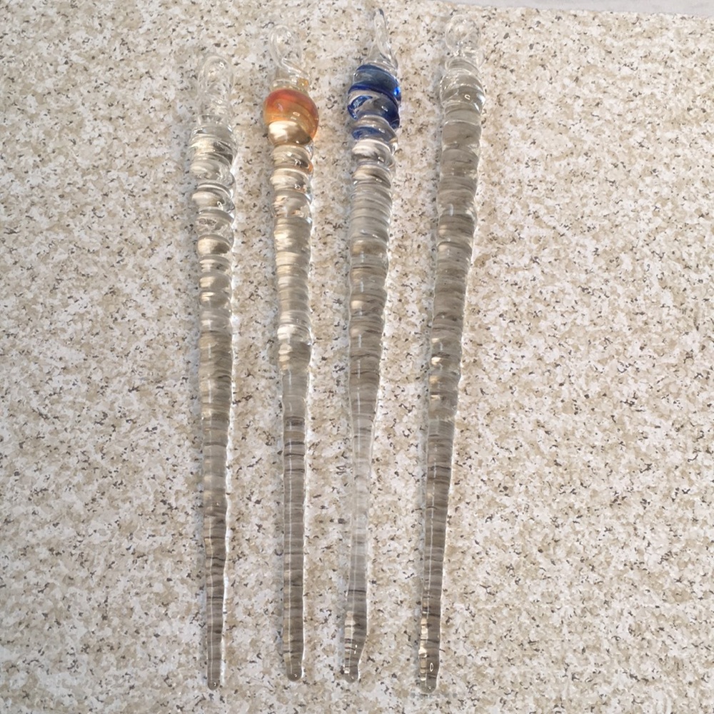 Hand Blown Glass Icicle Christmas Ornaments Clear Blue Yellow Winter Snow